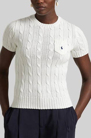 Cable-knit cotton short-sleeve sweater