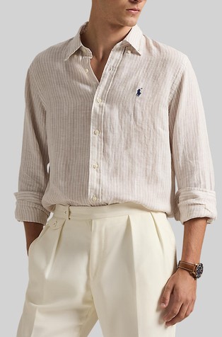 Custom fit črtasta lanena srajca