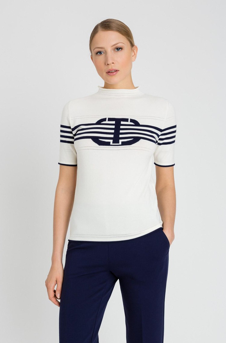 TWINSET Mock neck jumper with Oval T Bic.Neve/Mid Blue 