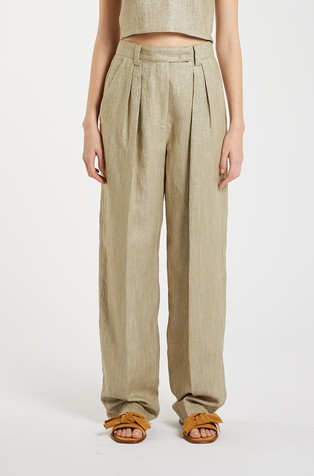 Shiny relaxed fit linen-blend trousers