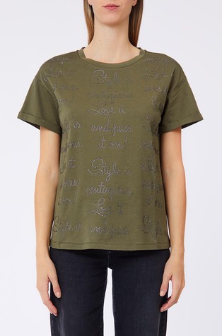 T-shirt with rhinestoned lettering