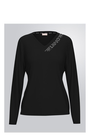 Bombažna majica z dolgimi rokavi in okrasnimi kamenčki