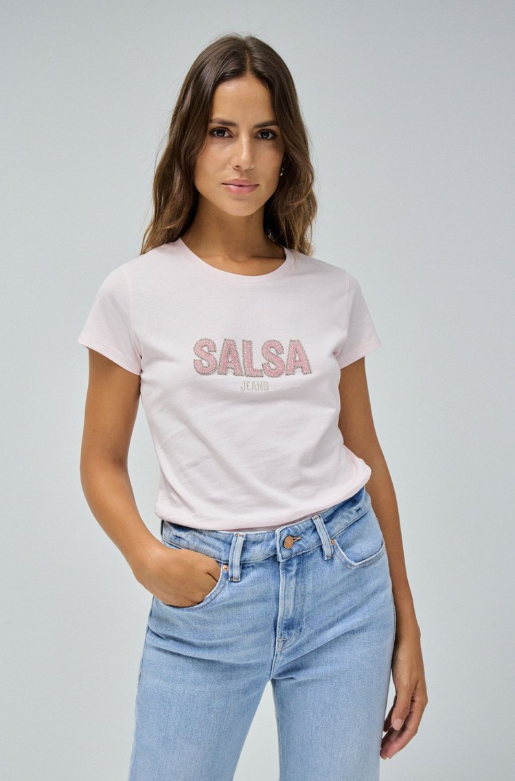SALSA JEANS Bombažna majica z logotipom iz okrasnih kamenčkov Roza - Pink 