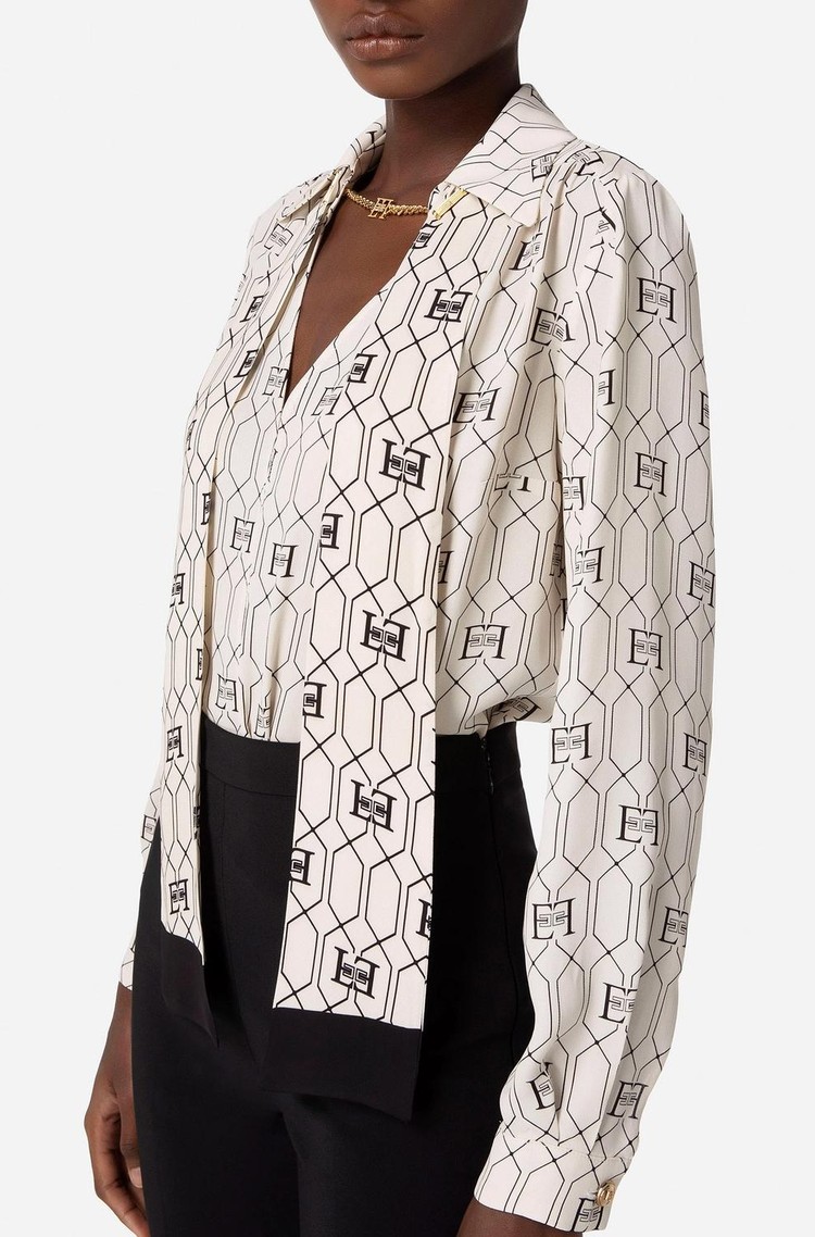 ELISABETTA FRANCHI Vzorčasta viskozna srajca s šalom Bež - Beige 