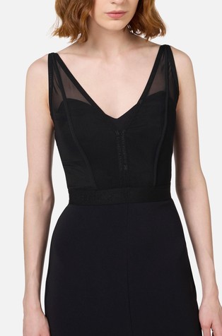 ELISABETTA FRANCHI Midi obleka z zasnovo korzeta iz tila Črna - Black 3