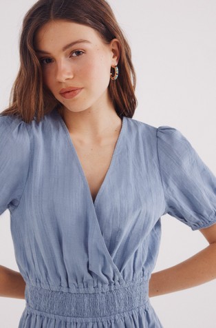 SPRINGFIELD Cotton midi dress with puff sleeves Blue 3