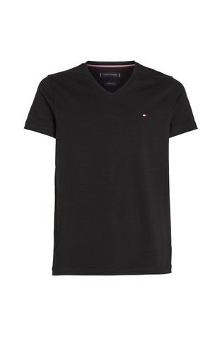 TOMMY HILFIGER Bombažna majica z V-izrezom Črna - Black 5