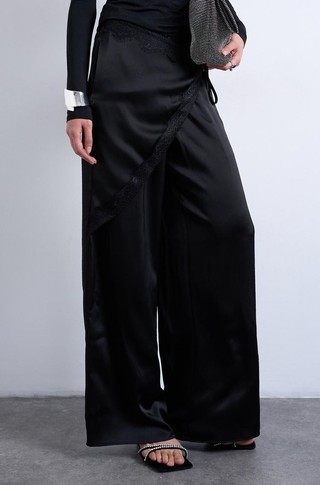 TSELIN wide satin trousers with lace layer