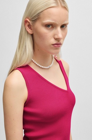 HUGO BOSS Rebrasto pleten top z asimetričnim V-izrezom Roza - Pink 4