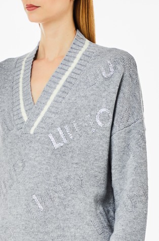 LIU JO Pleten pulover z V-izrezom in logotipi iz okrasnih kamenčkov Siva - Gray 3