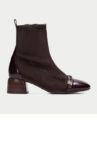 Suede-effect heeled ankle boots with leather inserts