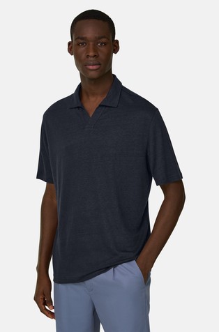 Short-sleeved polo shirt in stretch linen jersey