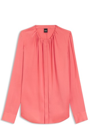 Regular fit svilena bluza brez ovratnika