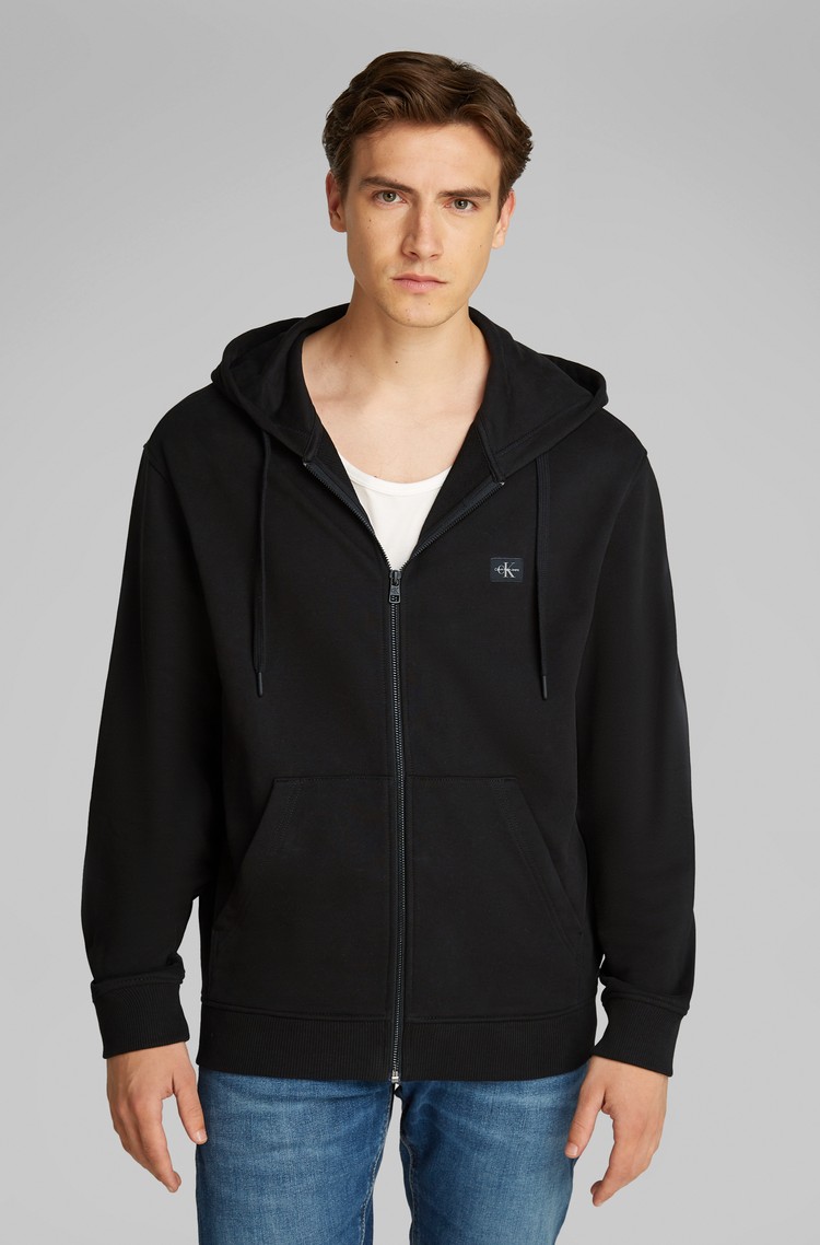 CALVIN KLEIN Cotton Zip-thru Hoodie With Logo Patch Black 