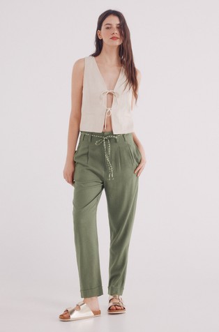SPRINGFIELD Viscose and linen blend trousers with braided belt Green 4