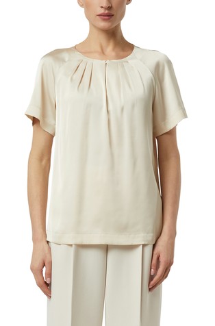 Satenasta bluza s kratkimi rokavi in nabranim ovratnikom