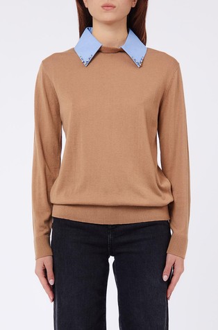 Wool blend weater with poplin shirt collar