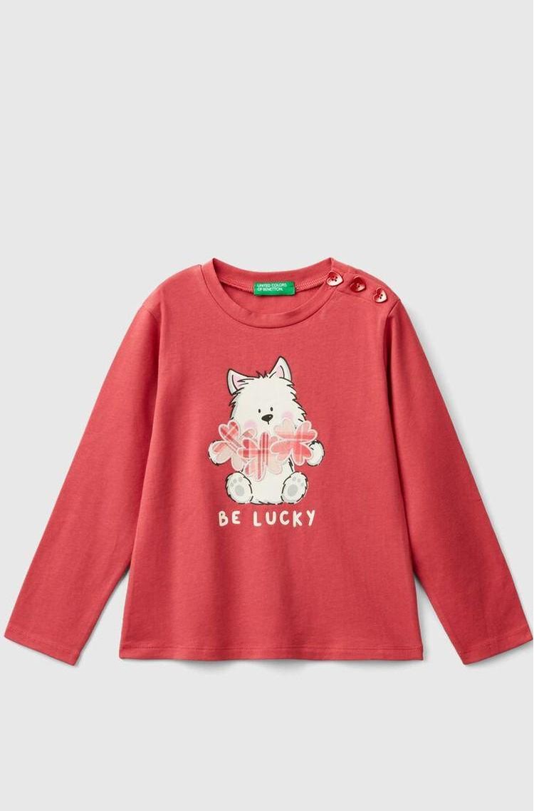 BENETTON Bombažna majica z dolgimi rokavi in potiskom Rdeča - Mauve 