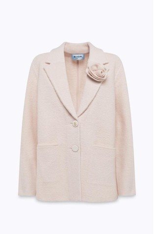 Oversized žakarski volnen suknjič z dekorativnim cvetom