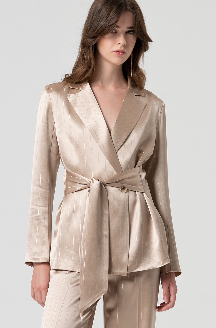 FRACOMINA Satin double breasted blazer with strasses Beige 