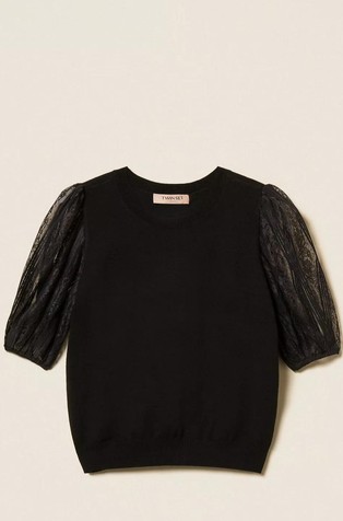 Pleten pulover s kratkimi čipkastimi rokavi