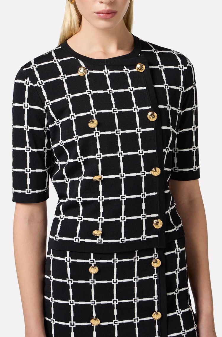 ELISABETTA FRANCHI Pletena jopa z žakarskim logo vzorcem Črna - Black / Butter 