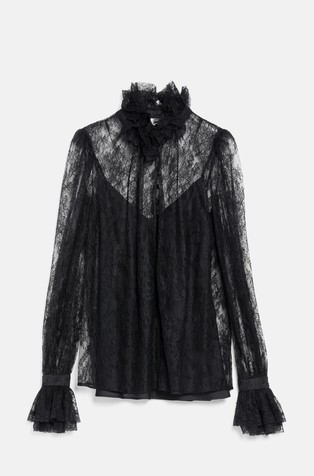 Lace blouse with sheer details and ruffles