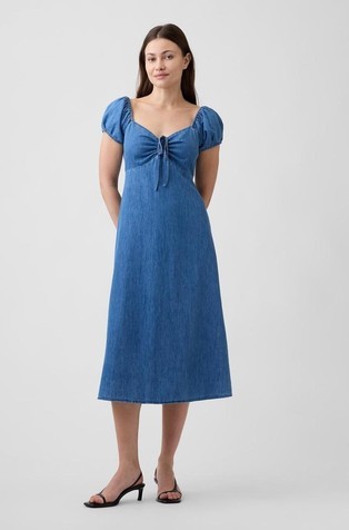 Ženska midi obleka z napihnjenimi kratkimi rokavi