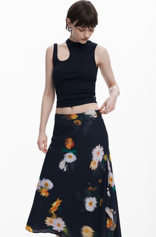 DESIGUAL Midi krilo z zabrisanim cvetličnim motivom Črna - Black 5