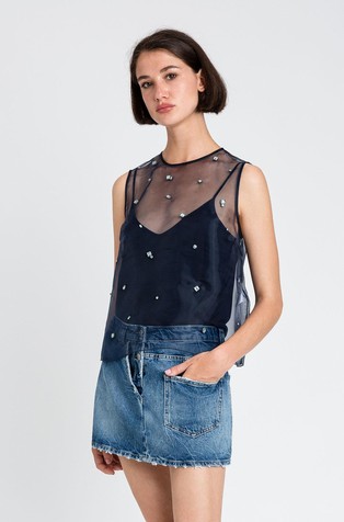 Organza top with rhinestone embroidery