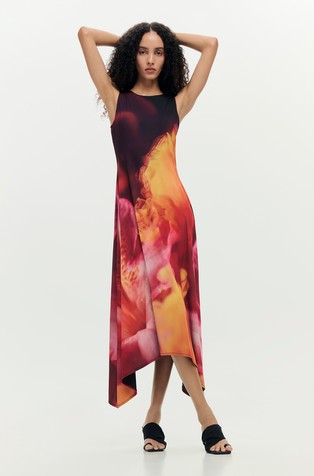 Asimetrična obleka brez rokavov s cvetličnim potiskom