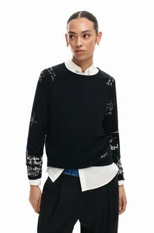 Tanek pleten pulover s potiskom napisov