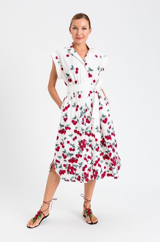 Poplin midi dress with cherry print