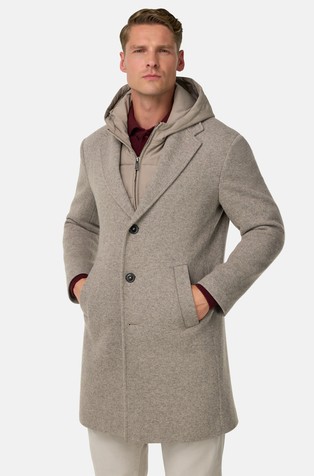 Plašč iz volnene mešanice z odstranljivim prešitim vstavkom s kapuco