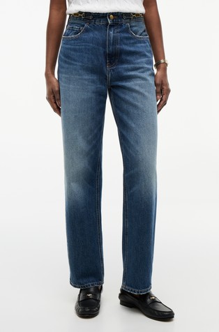 Jeans hlače z visokim pasom in kovinskima detajloma zastavice