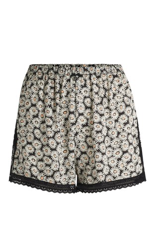 Daisy-print satin pyjama shorts with lace trims