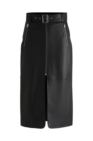 Leather midi skirt with zips and belt
