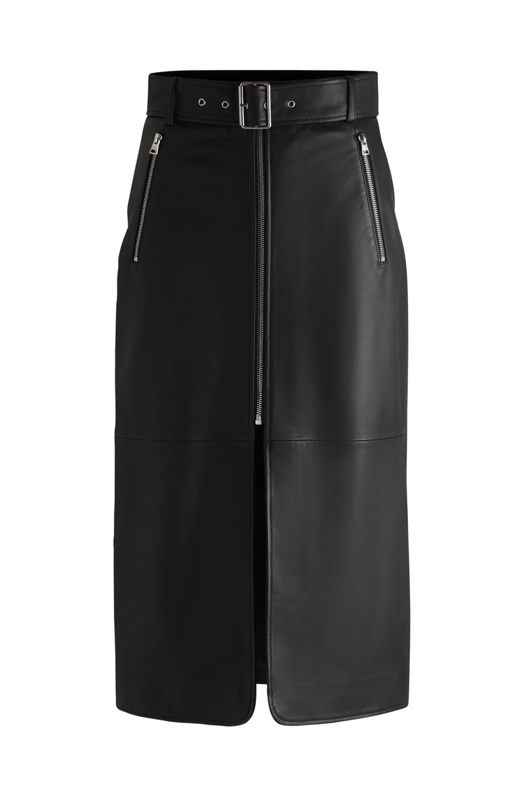 HUGO BOSS Leather midi skirt with zips and belt Black 