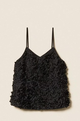 Top iz tila in krep tkanine s cvetličnimi aplikacijami