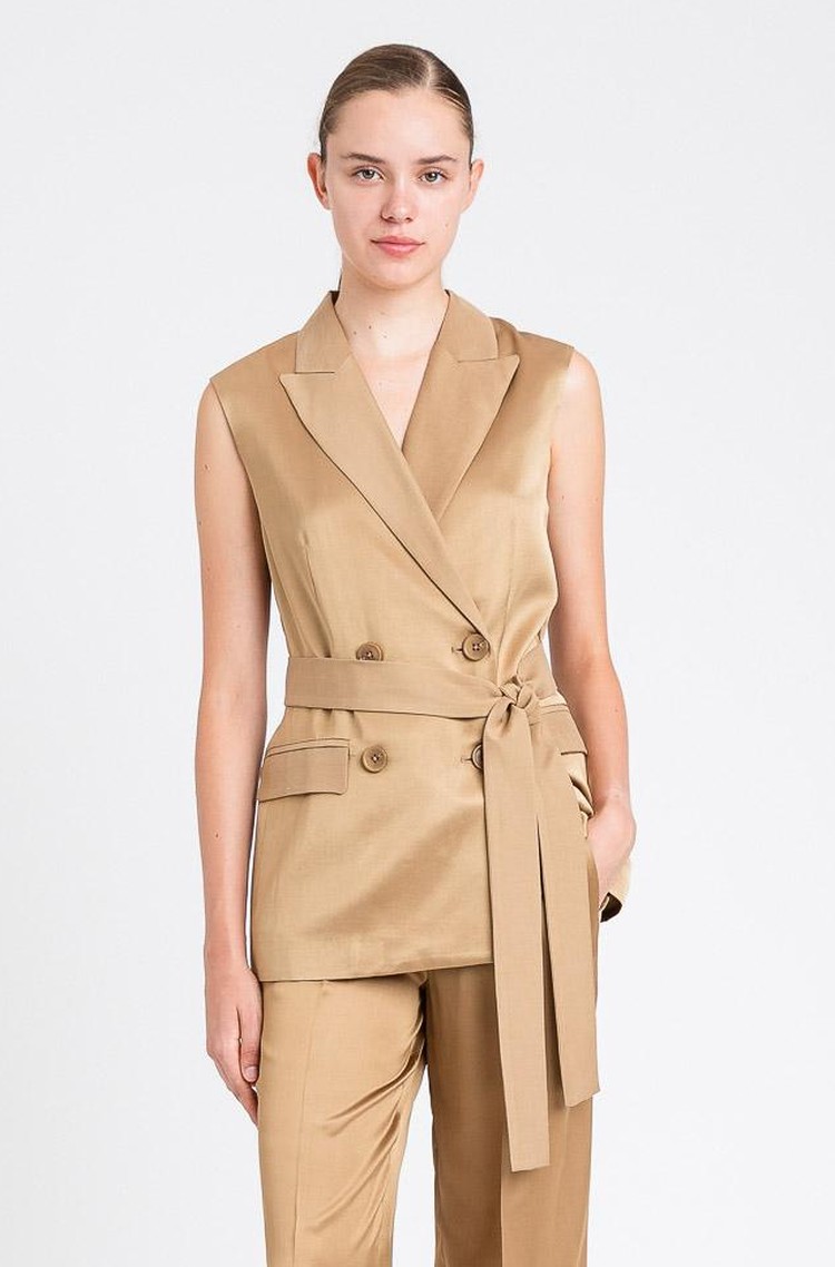 TWINSET Double breasted satin gilet with belt Brown 