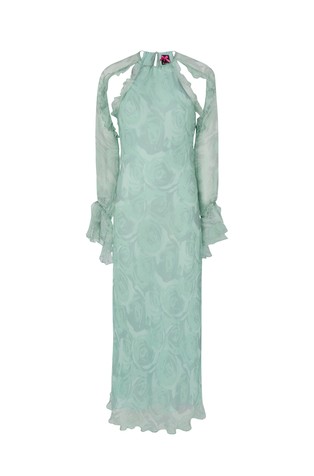 Svilena obleka s cvetličnim vzorcem in naborki