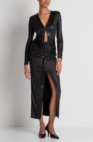 Slim fit dolga obleka iz povoskane tkanine z razporkom spredaj