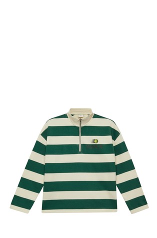 Oversized črtast pulover s potiskom zadaj