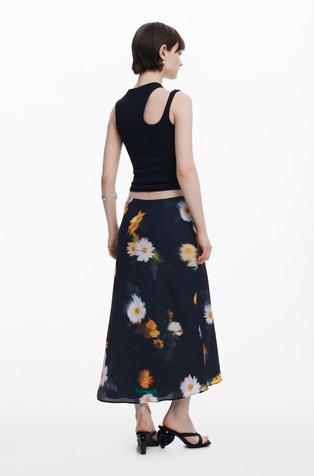 DESIGUAL Midi krilo z zabrisanim cvetličnim motivom Črna - Black 3