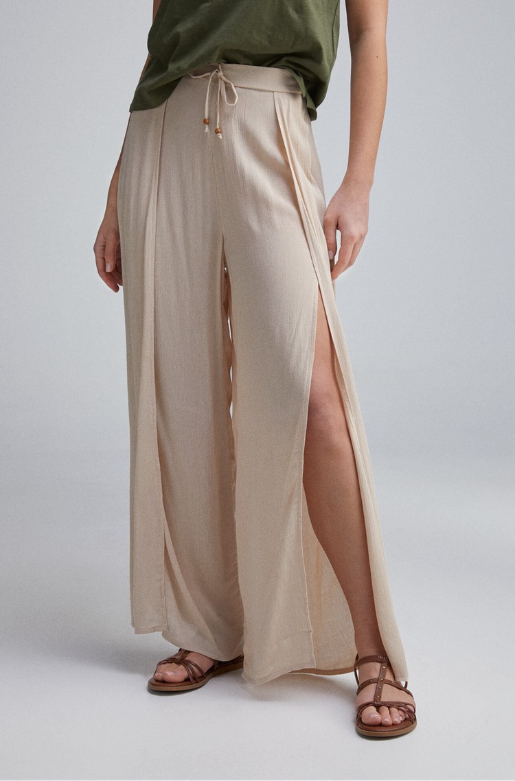 SPRINGFIELD Wide viscose trousers with front slits Beige 