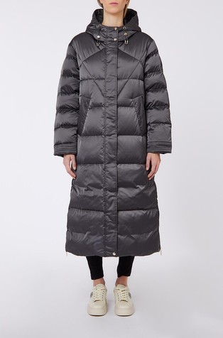 Long quilted down jacket with hood