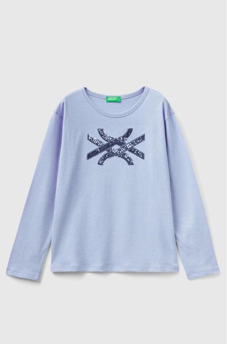 BENETTON Bombažna majica z dolgimi rokavi in logotipom iz bleščic Modra - Light Blue 