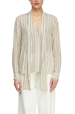 Črtasta viskozna bluza s trakom za zavezovanje ob ovratniku