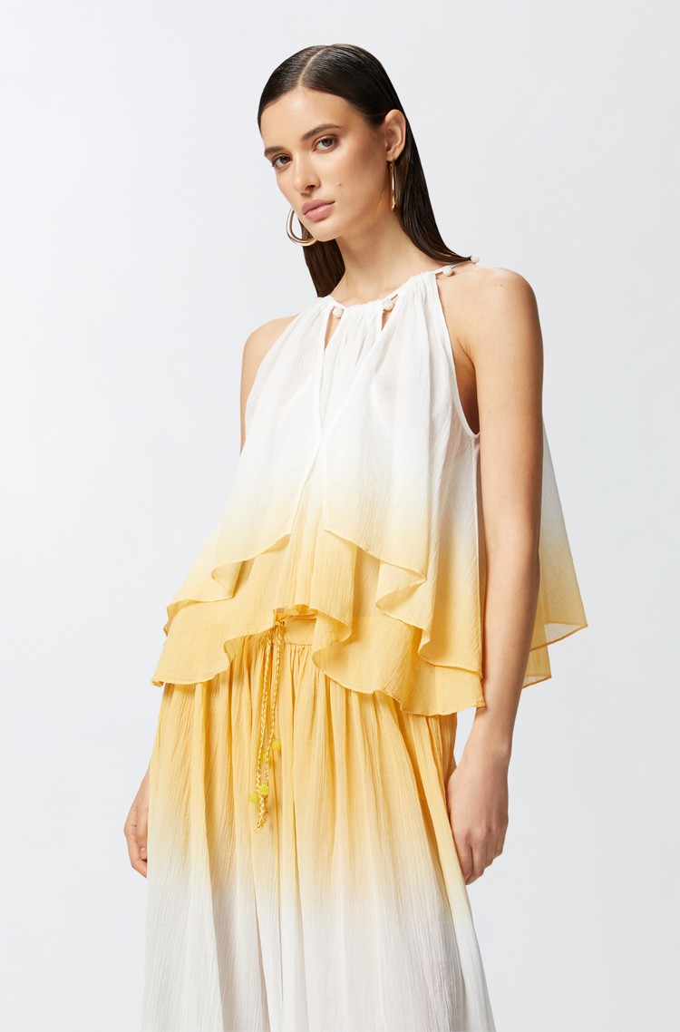 PINKO Bombažna bluza brez rokavov z ombré učinkom Bela - White / Yellow 