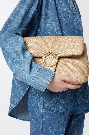 PINKO Love Bag Puff Quilted Raffia Shoulder Bag Beige / Gold 6